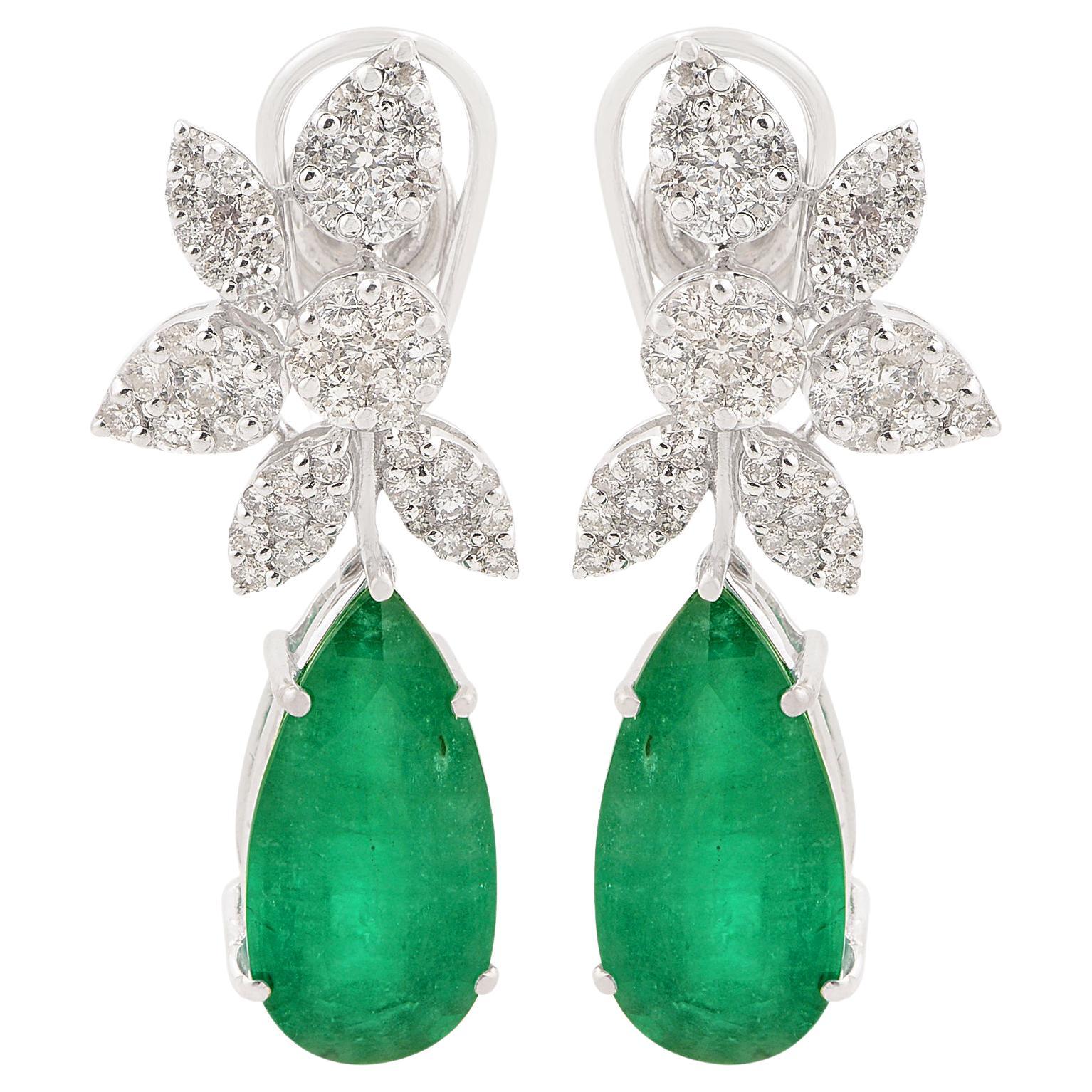 Pear Natural Emerald Gemstone Leaf Earrings Diamond Pave 18k White Gold Jewelry