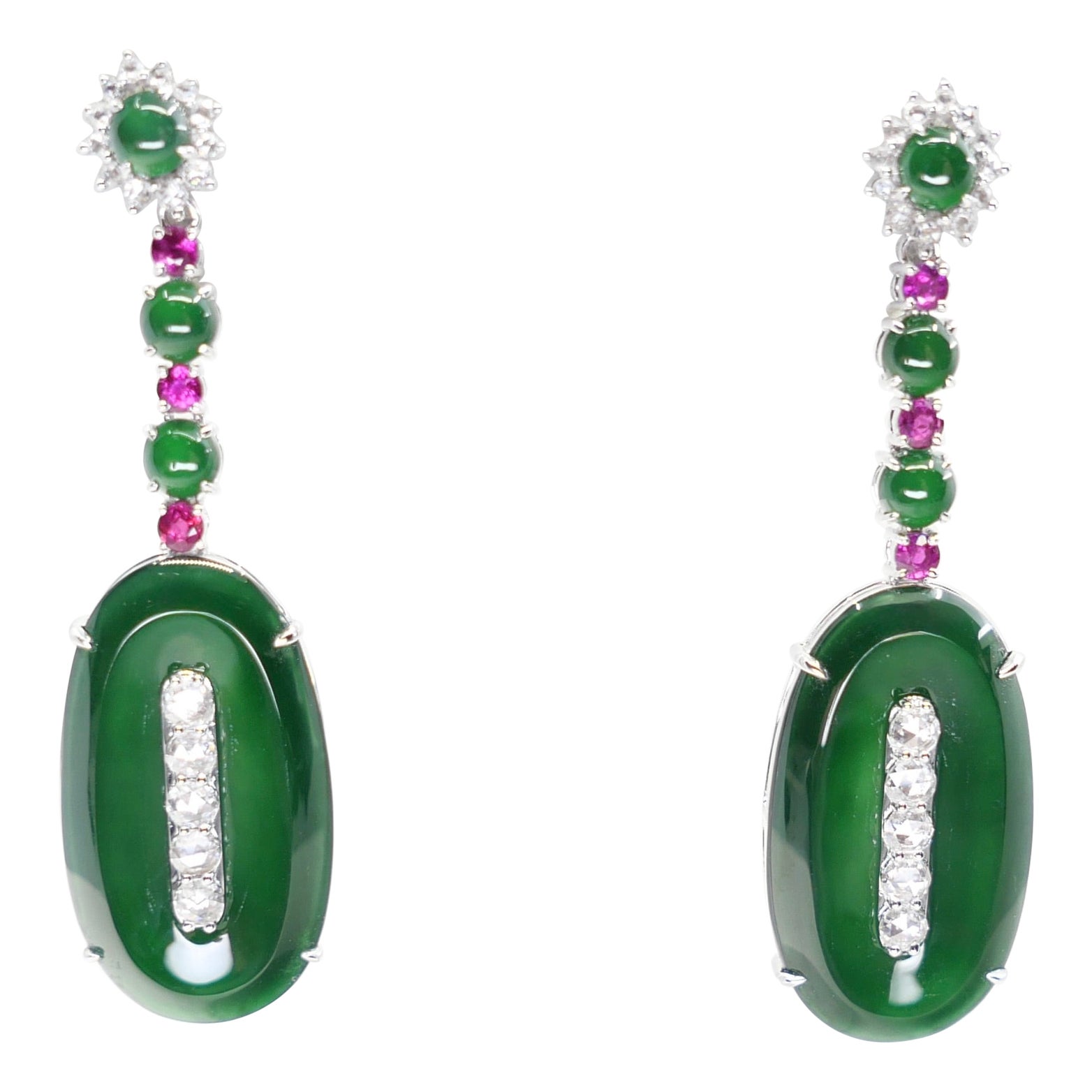 Important Certified Jade, Ruby & Diamond Earrings, Best Imperial Green. XXL For Sale 7
