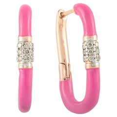 Pendientes de aro con diamante esmaltado rosa rectángulo mínimo en oro amarillo macizo de 14k