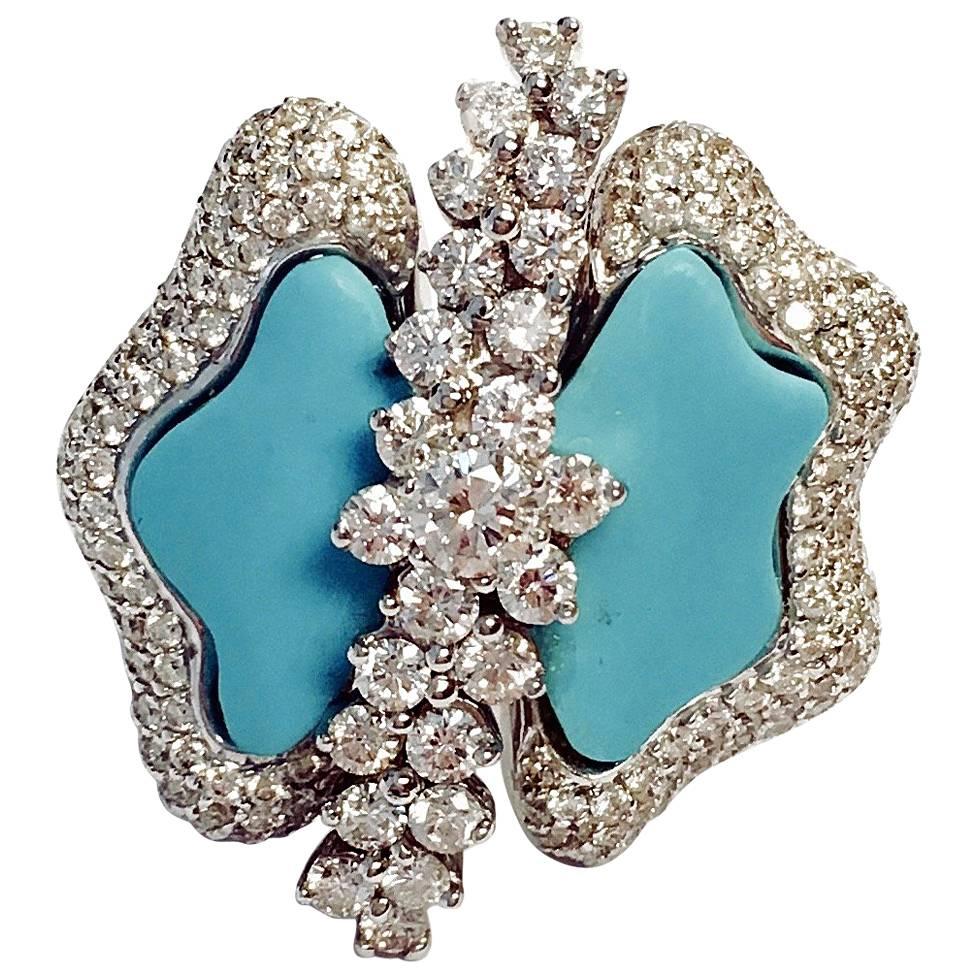 Amazing Turquoise and Diamond White Gold Coctail Ring