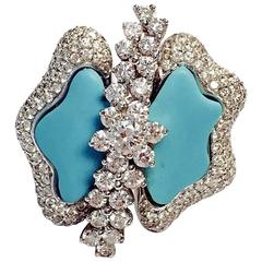 Amazing Turquoise and Diamond White Gold Coctail Ring