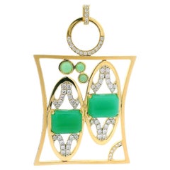 Gemini Zodiac Pendant Necklace, 18 K Yellow Gold, 135 Diamonds, 5 Chrysoprase