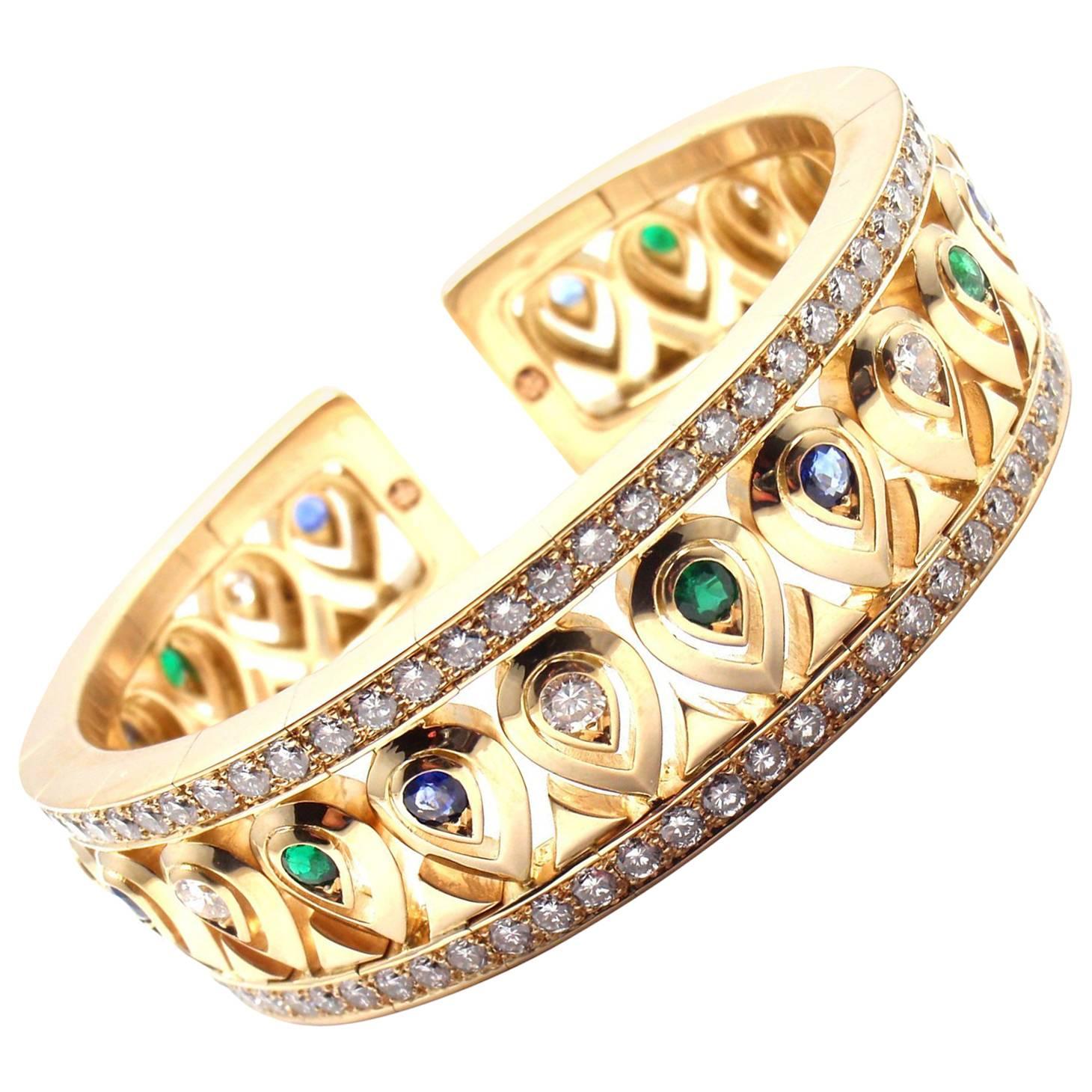 Cartier Diamond Sapphire Emerald Yellow Gold Cuff Bangle Bracelet