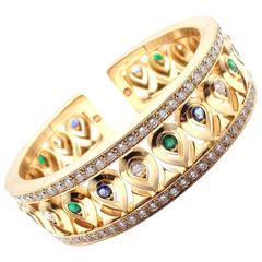 Cartier Diamond Sapphire Emerald Yellow Gold Cuff Bangle Bracelet 1