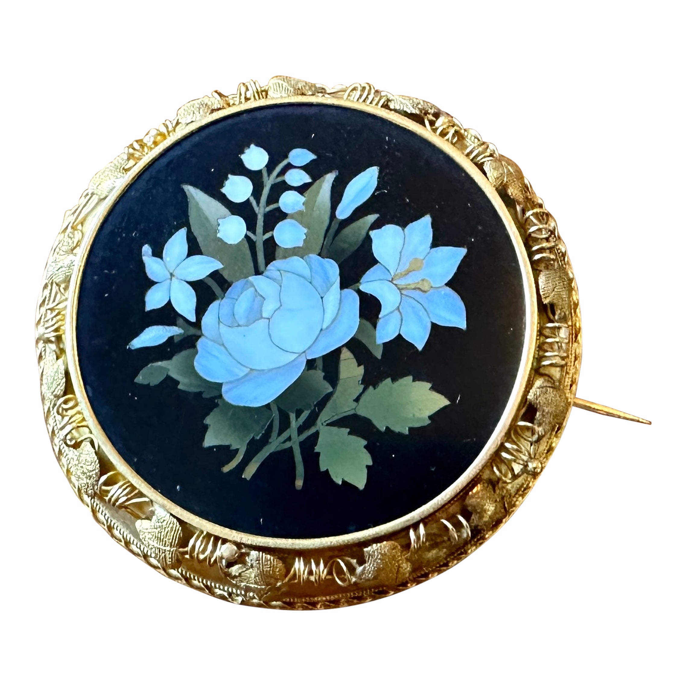 Signed G. Torrini Pietra Dura Rose Lily Flower Brooch Pin 14 Karat Gold Antique