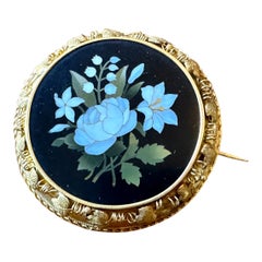 Signierte G. Torrini Pietra Dura Rose Lilie Blumenbrosche Pin 14 Karat Gold Antike