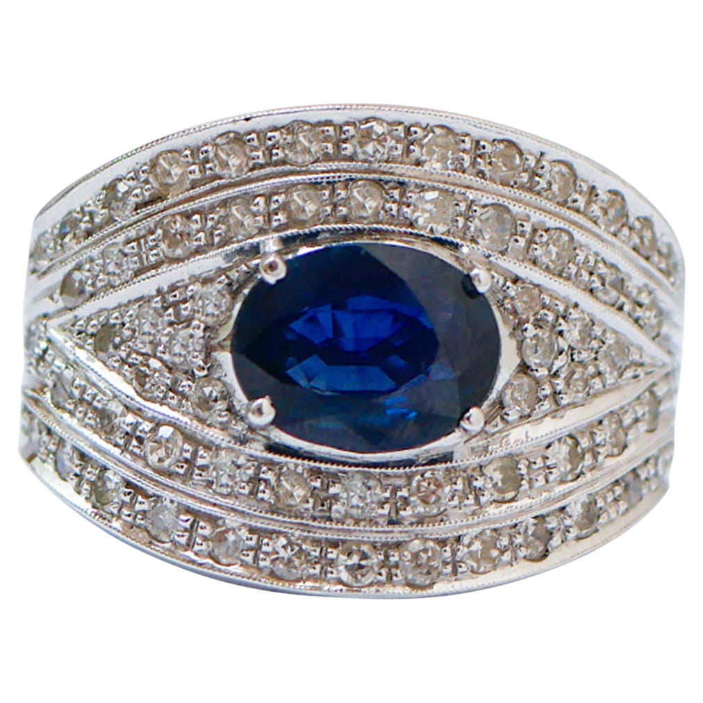 Sapphire, Diamonds, 14 Karat White Gold Band Ring.