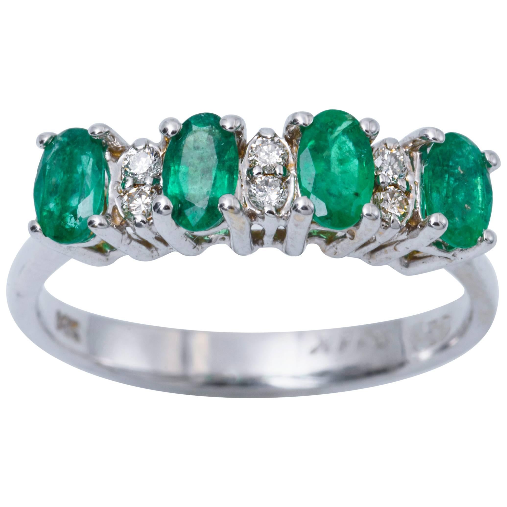 Four Oval Shape Zambian Emeralds and Diamonds Band Ring