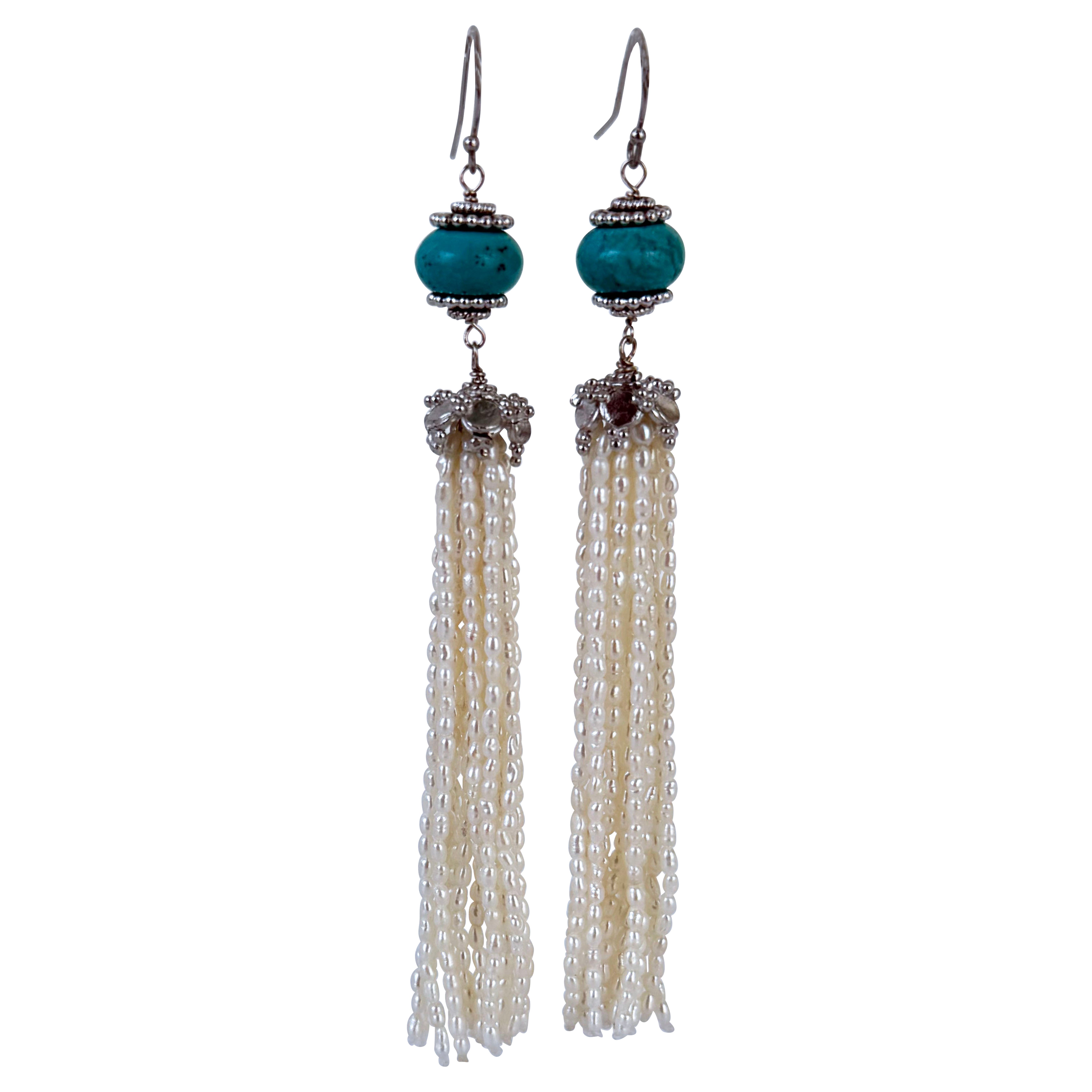 Marina J. Turquoise, Seed Pearl & Silver Dangle Earrings