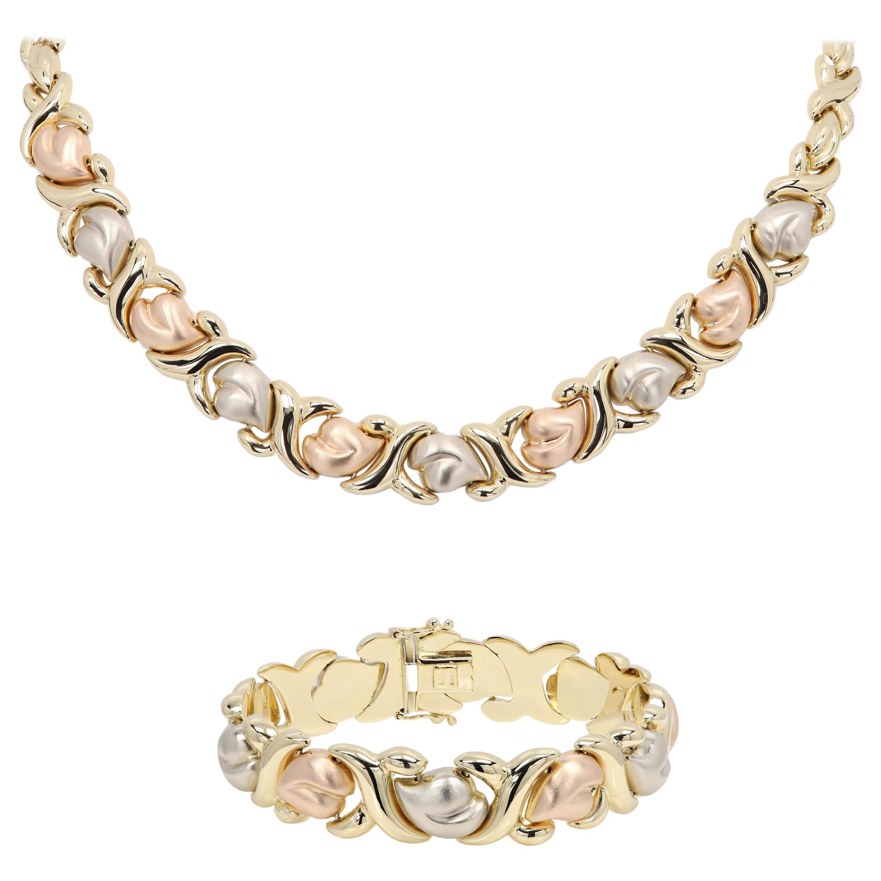 Ensemble collier et bracelet italien en forme de cœur fantaisie en or 14 carats multicolore en vente