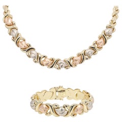 Ensemble collier et bracelet italien en forme de cœur fantaisie en or 14 carats multicolore