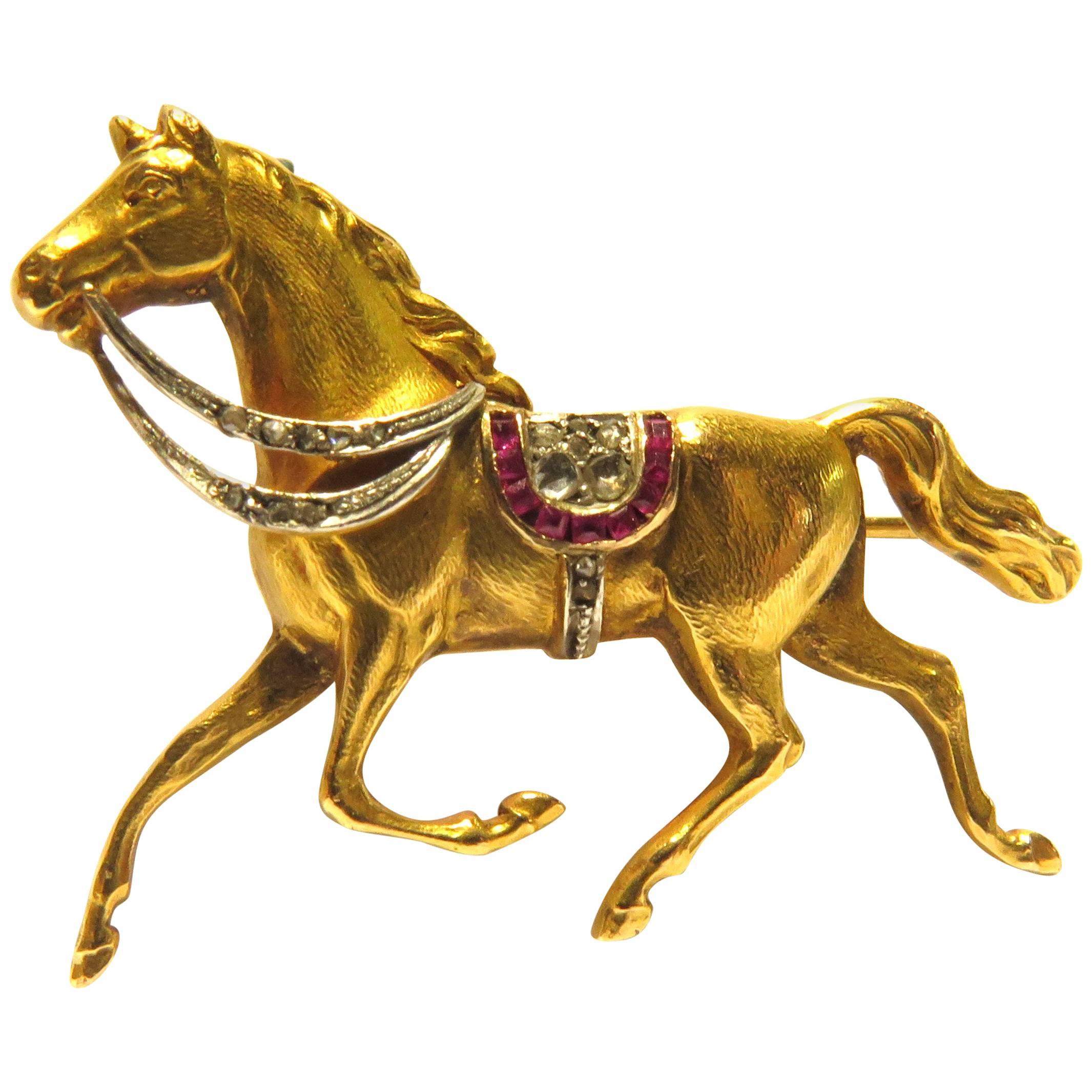 Exceptional Early Art Deco Horse Gold and Platinum Full Figured Diamond Ruby Pin
