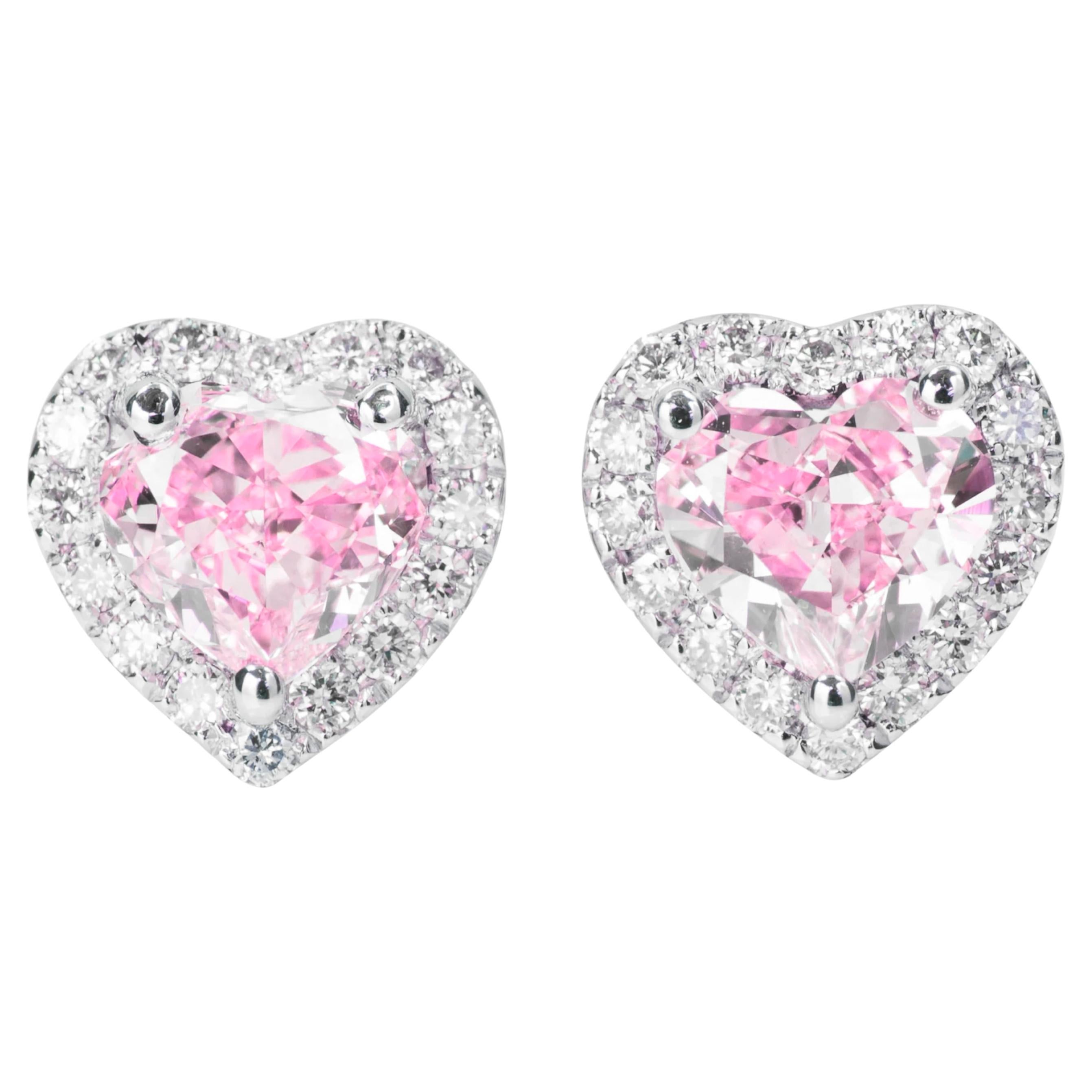 GIA Certified Heart Cut Fancy Light Pink Diamond Studs For Sale