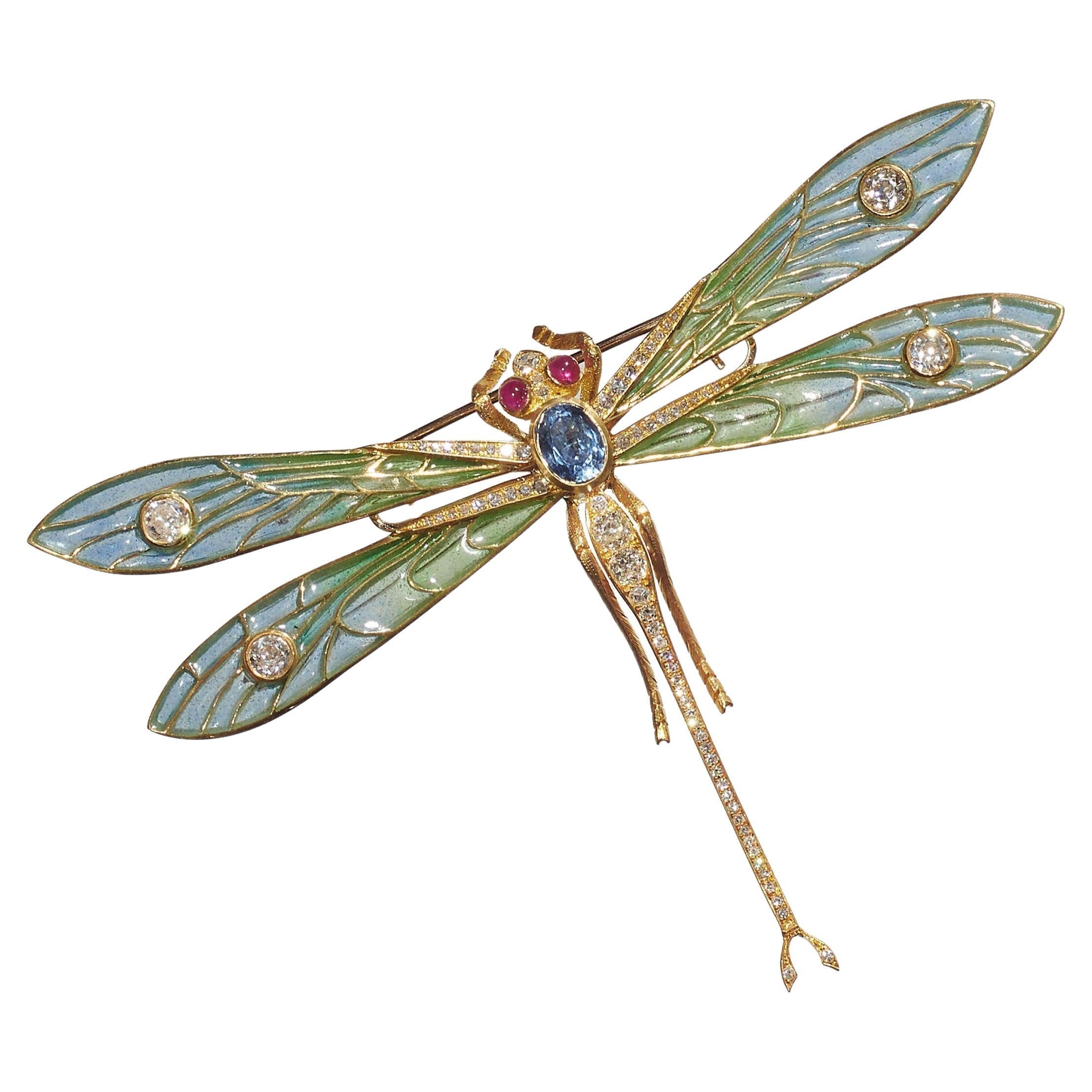 Modern Plique À Jour Enamel, Diamond, Ruby, Sapphire and Gold Dragonfly Brooch