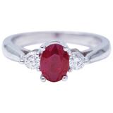 Oval Shaped 1.25 Carat Ruby Diamond White Gold Three Stone Engagement Ring 