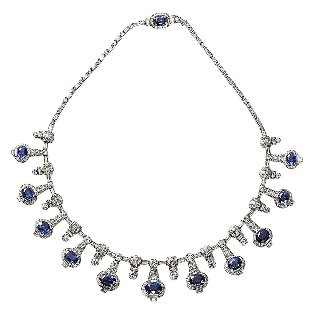 Modern Sapphire, Diamond and Platinum Fringe Necklace, 33.40 Carats