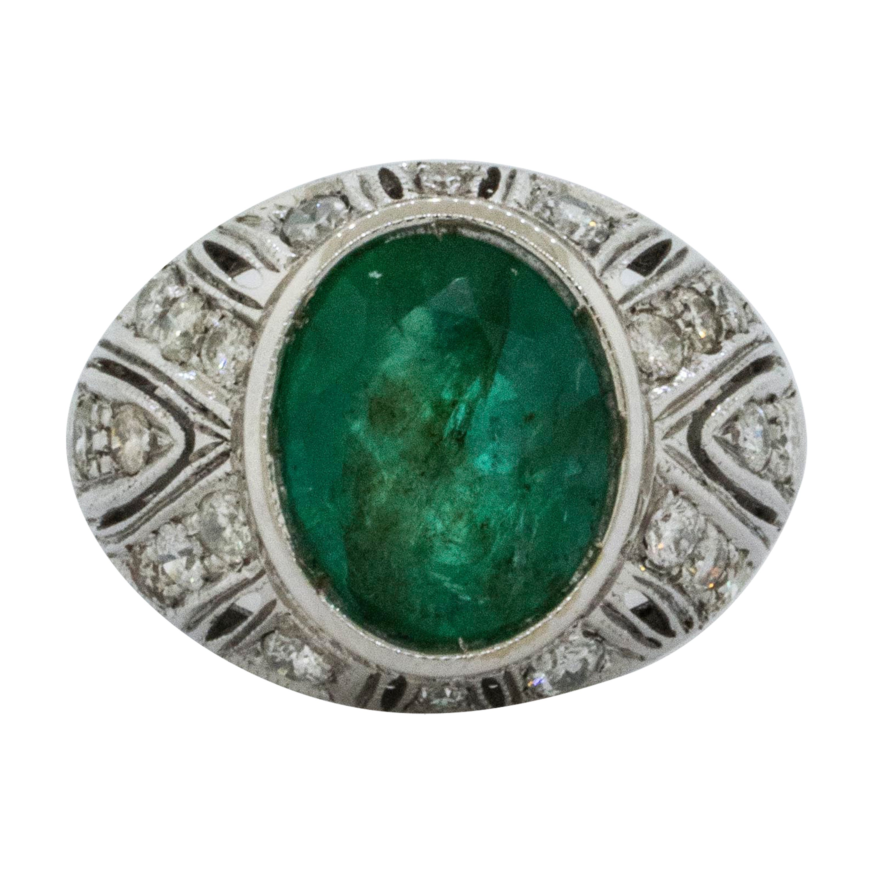 Art Deco Style 18K White Gold 3.00 Carat Emerald Ring with Diamond Accents