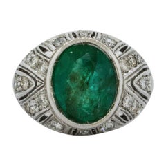 Art Deco Style 18K White Gold 3.00 Carat Emerald Ring with Diamond Accents