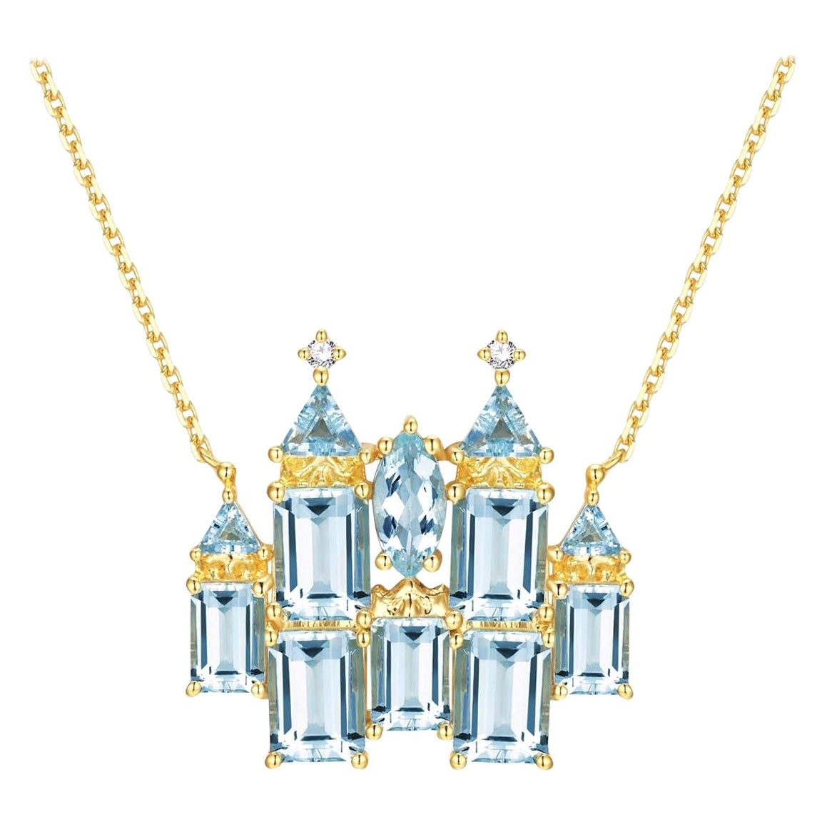 Nina Zhou Fantasy Aquamarine Diamond Castle Pendent Necklace