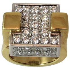 Dramatic 18 Karat Yellow Gold and Platinum Pave Diamond Square Design Ring 7