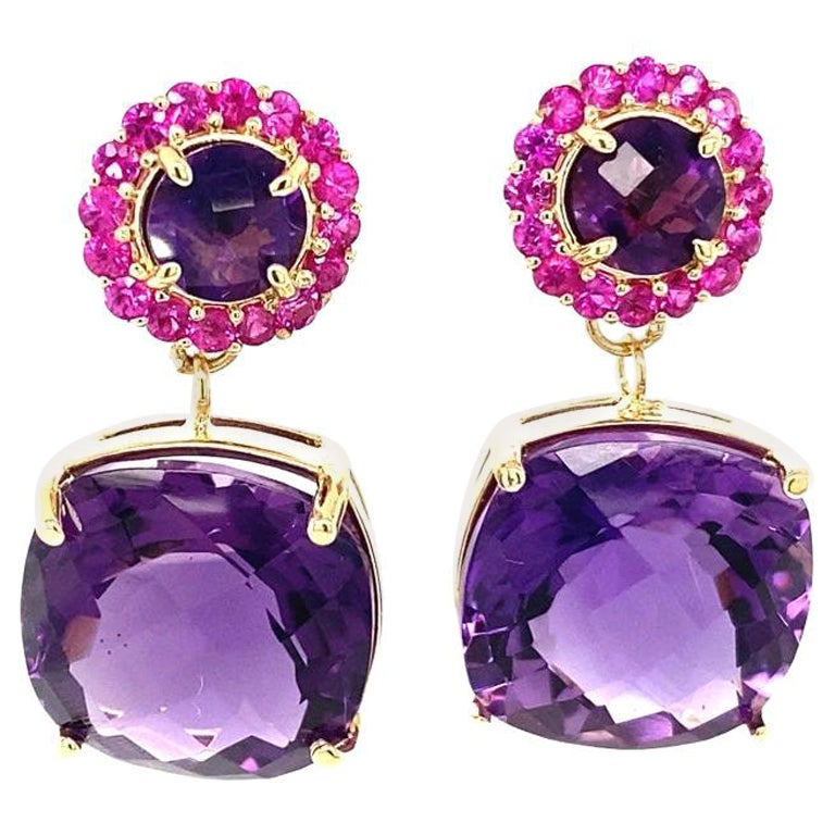 Pendants d'oreilles modernes en or jaune 14 carats avec améthyste taillée en coussin et saphir rose en vente