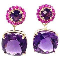 Modern Cushion Cut Amethyst Pink Sapphire 14 Karat Yellow Gold Drop Earrings