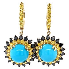 Modern Turquoise Round Cut Sapphire Black Diamond 14K Yellow Gold Drop Earrings