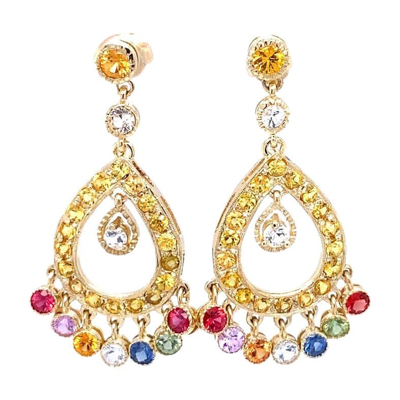 Modern Natural Gemstone Sapphire 14K Yellow Gold Chandelier Earrings