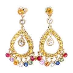 Modern Natural Gemstone Sapphire 14K Yellow Gold Chandelier Earrings