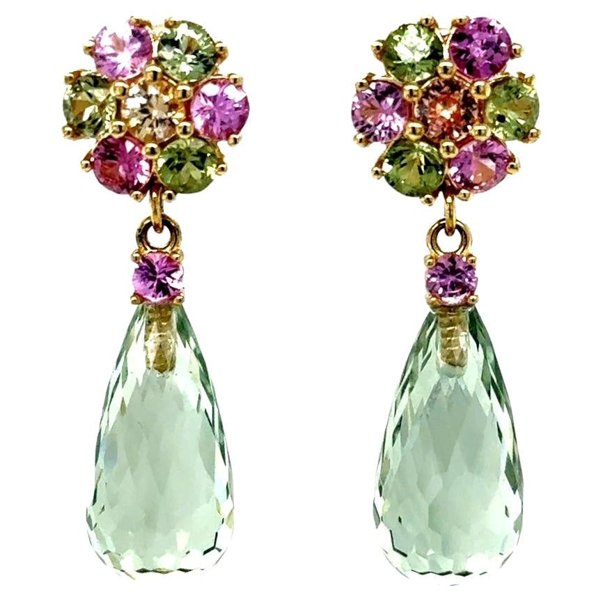 Natural Gemstone Briolette and Round Cut 14K Yellow Gold Drop Earrings