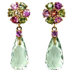Boucles d'oreilles pendantes en or jaune 14K avec briolette et taille ronde en pierres naturelles