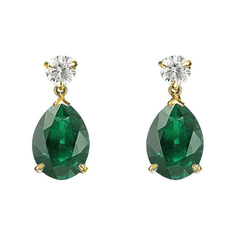 Eighteen Karat Yellow Gold Stud Drop Earrings with Emeralds and Sapphires