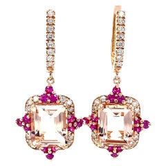 Natural Emerald Cut Pink Morganite Diamond Pink Sapphire Rose Gold Drop Earrings