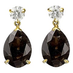 Eighteen Karat Yellow Gold Stud Drop Earrings with Smoky Quartzes and Diamonds