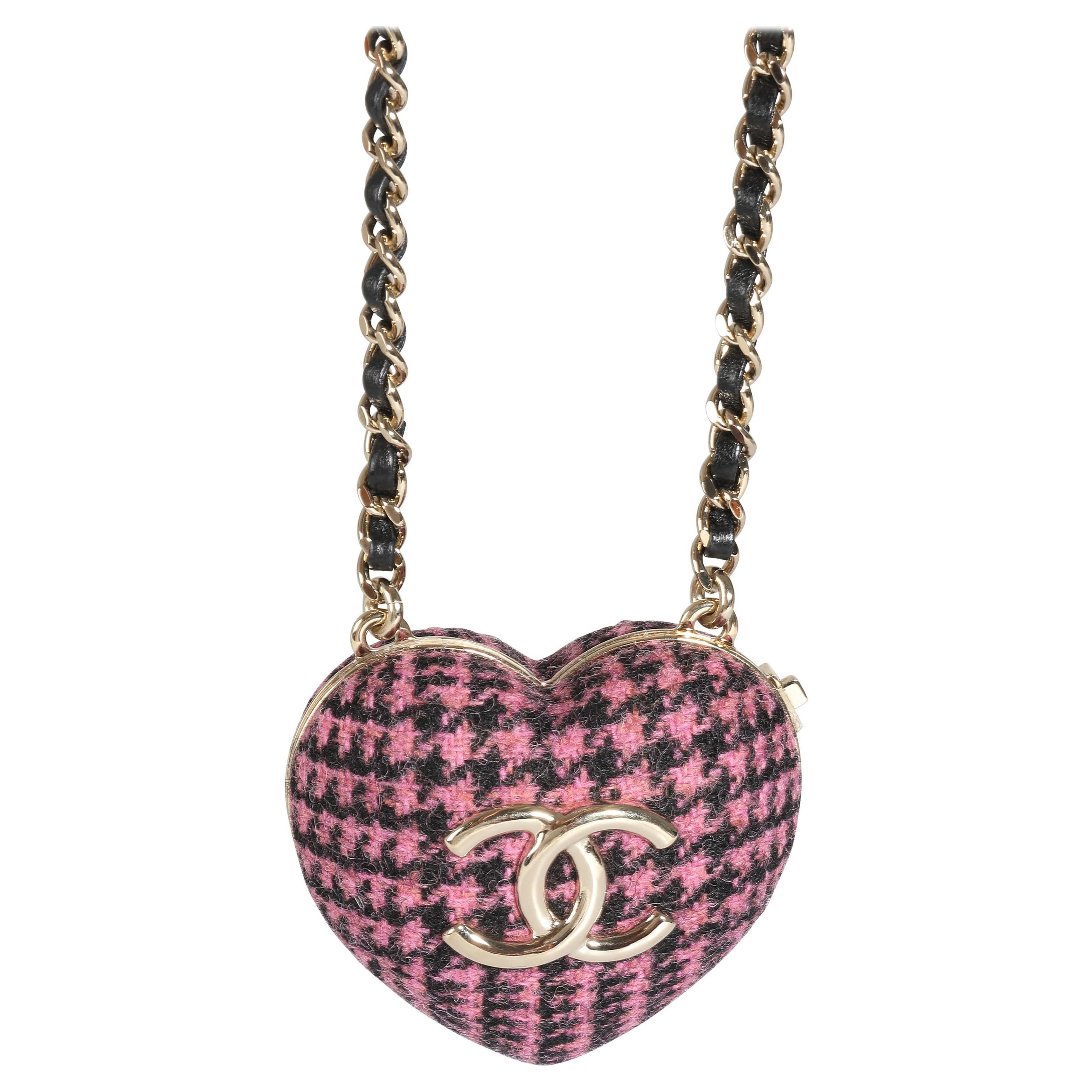 Gold Plated Chanel 2022 Tweed Heart Locket Necklace