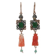 Pendientes de Coral, Esmeraldas, Diamantes, Oro Rosa y Plata.