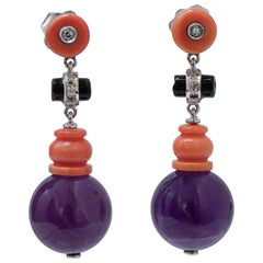 Amethysts, Coral, Onyx, Diamonds, Platinum Earrings.