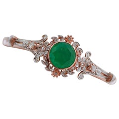 Green Stone, Diamonds, Rose Gold and Silver Bracelet.