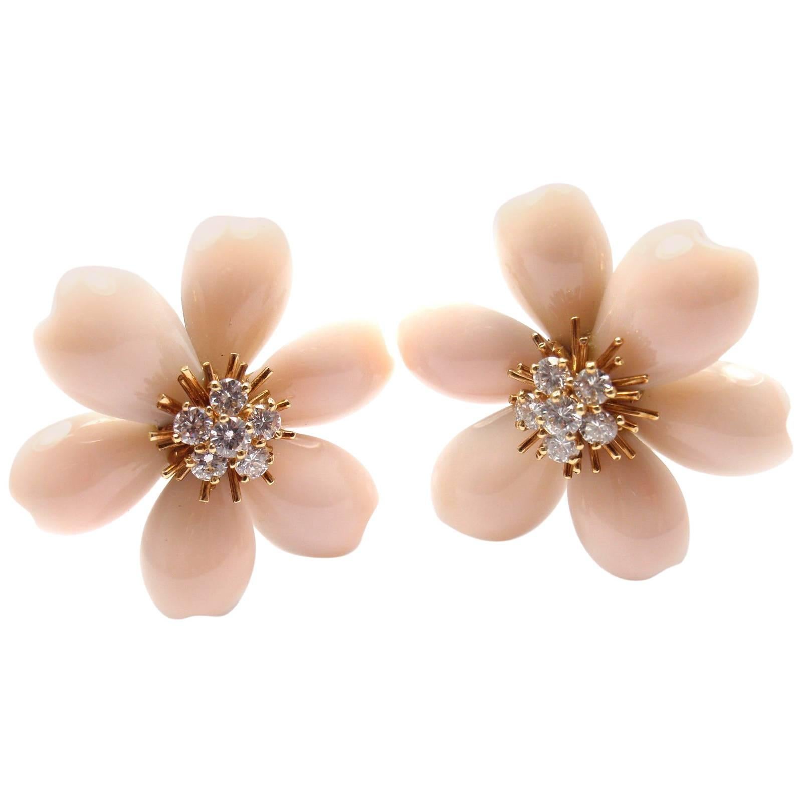 Van Cleef & Arpels Rose de Noel Diamond Angel Skin Coral Yellow Gold Earrings