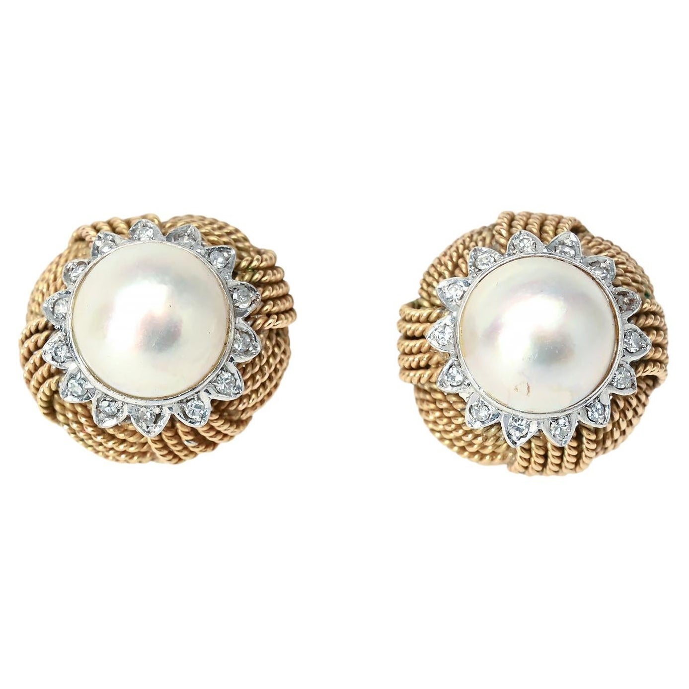 Pearl Earrings Surrounded by Diamonds For Sale