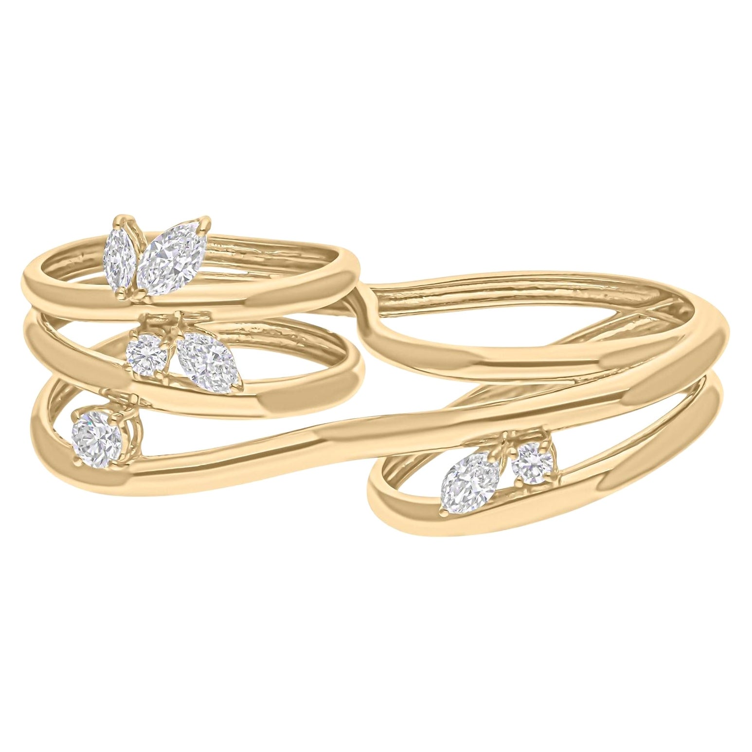 0.7 Carat Marquise Round Diamond Double Finger Ring 14 Karat Yellow Gold Jewelry