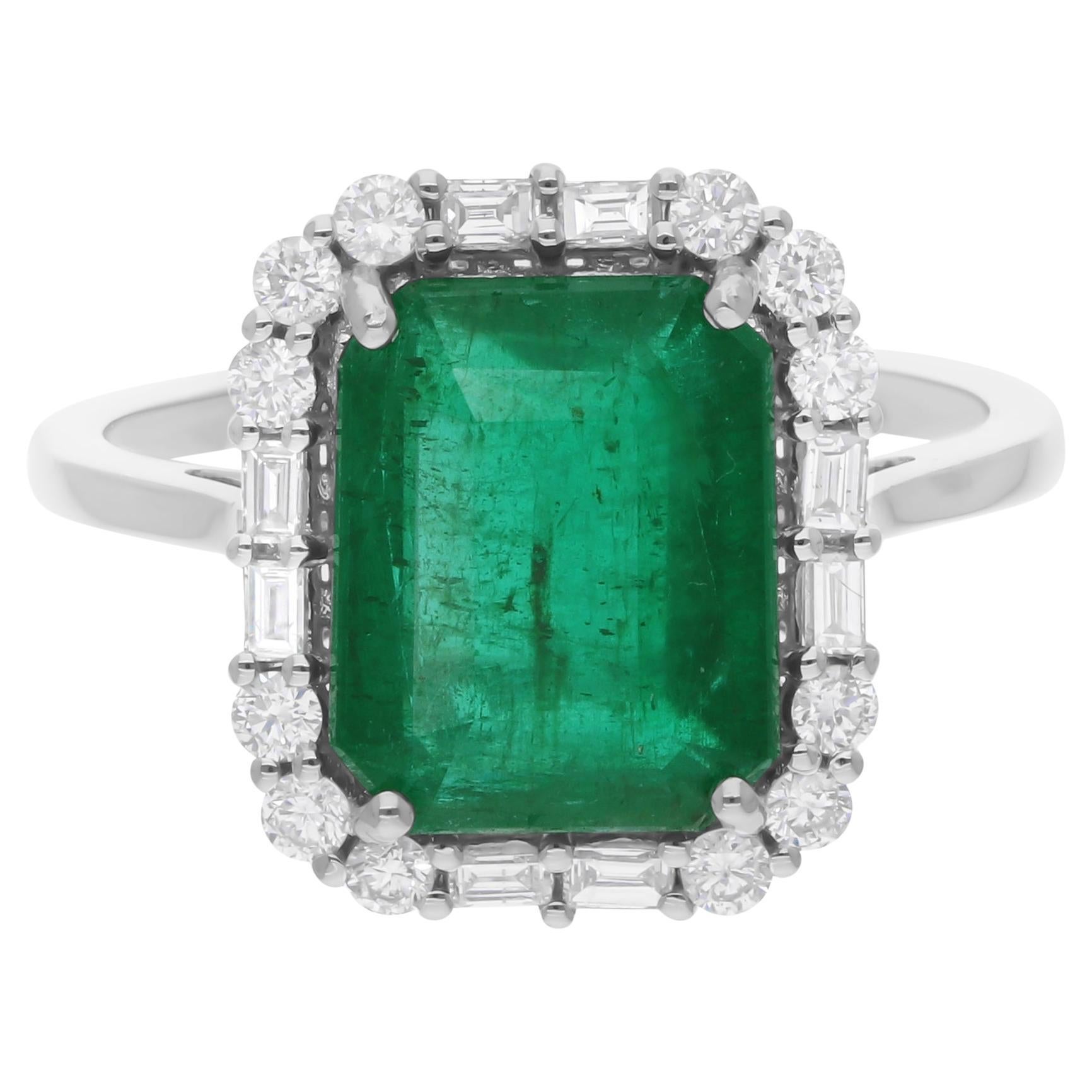 Real 3.47 Carat Zambian Emerald Cocktail Ring 0.47 Carat Diamond 14k White Gold