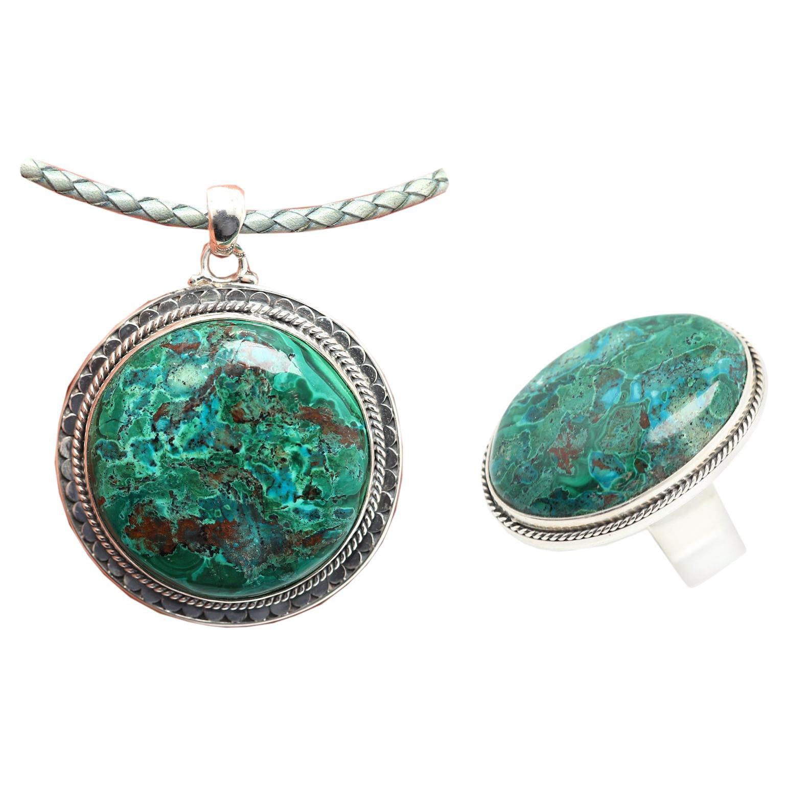 Azurite-Malachite Natural Stone Set Pendant and Ring Sterling Silver 925 For Sale
