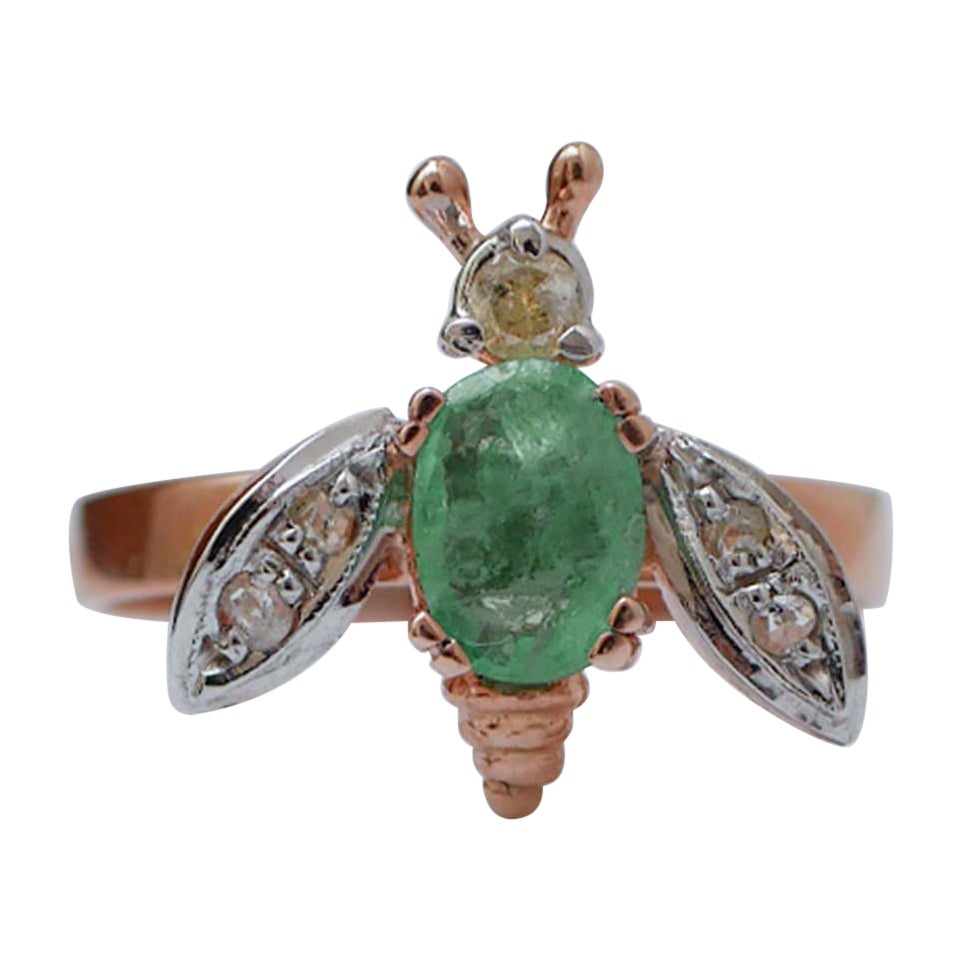 Emerald, Diamonds, Rose Gold and Silver Fly Ring.