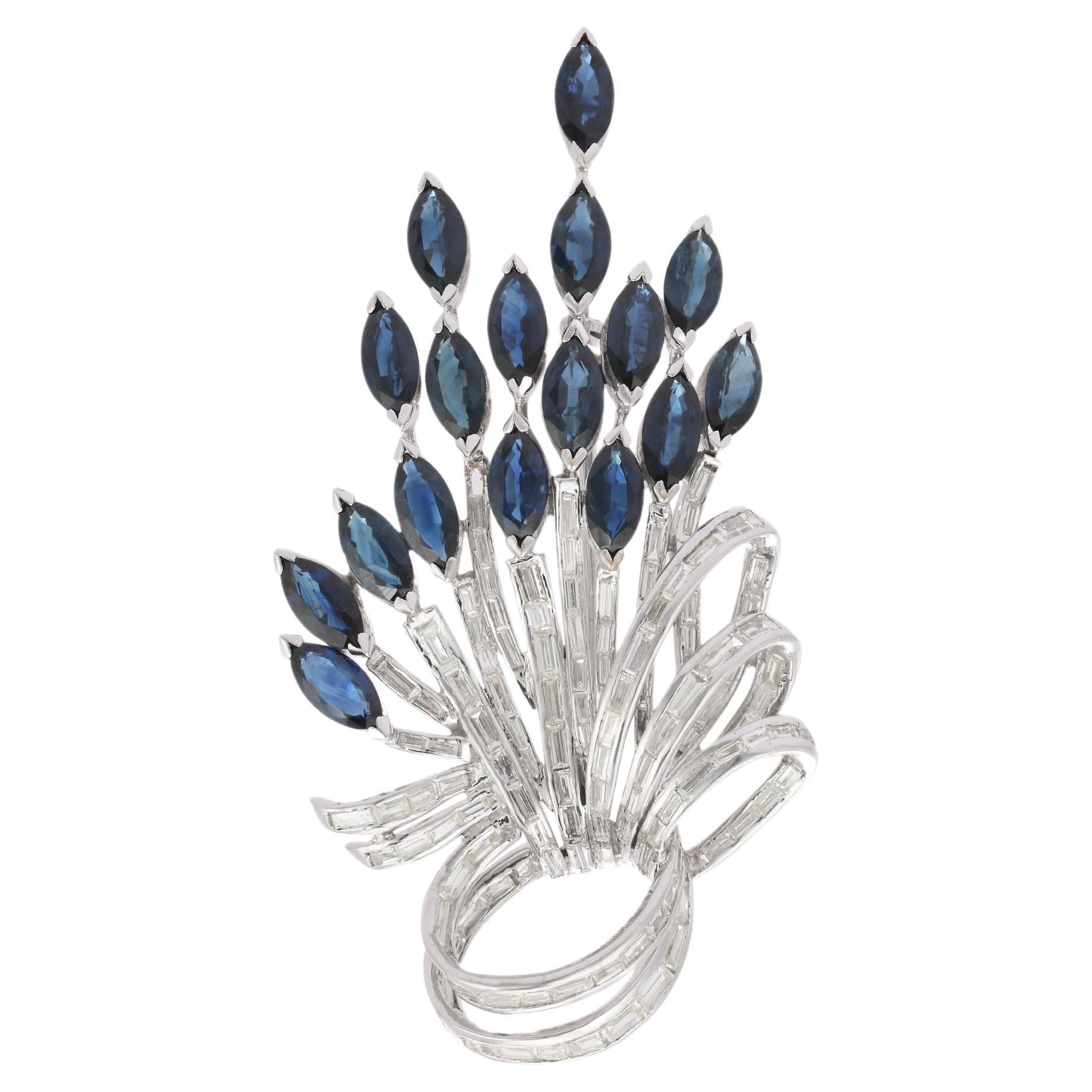 16.72 CTW Sapphire Unisex Brooch with 4.61 CTW Diamonds in 18k Solid White Gold