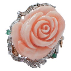 Coral, Emeralds, Sapphires, Diamonds, 14 Karat White Gold and Rose Gold Ring.