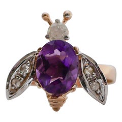 Amethyst, Diamonds, Rose Gold and Silver Fly Ring.