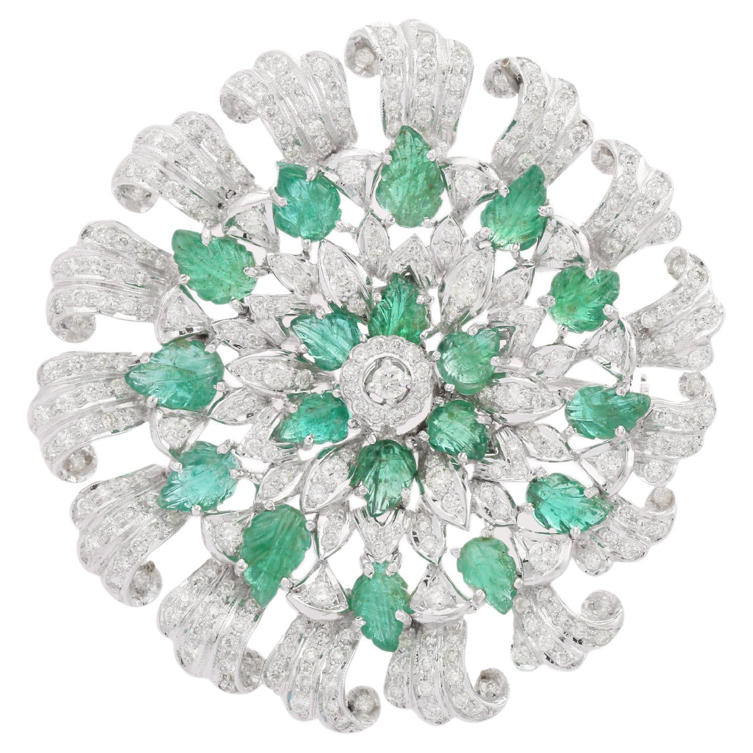 AAA Natural Emerald Diamond Flower Brooch Unisex Gifts in 18k Solid White Gold