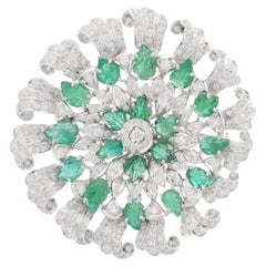AAA Natural Emerald Diamond Flower Brooch Unisex Gifts in 18k Solid White Gold
