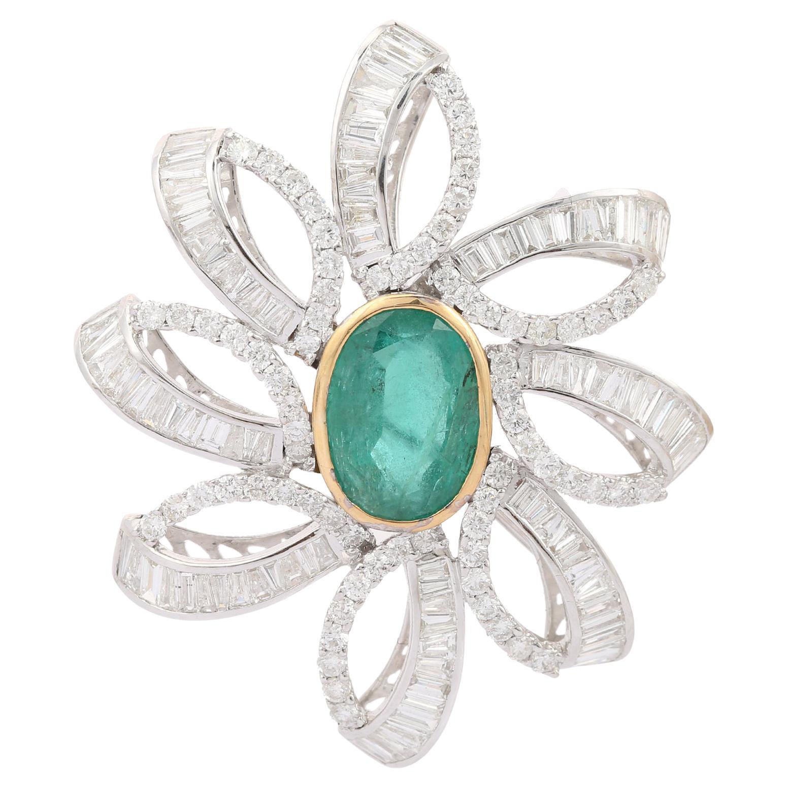 Real 7.25 CTW Diamond 7.5 CTW Emerald Floral Brooch in 18k Solid White Gold